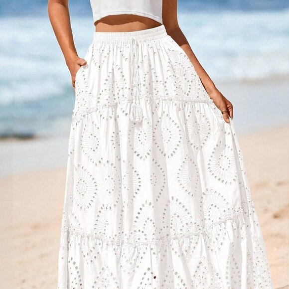 White Boho Women's Tiered Flowy Maxi Skirt with Lace Embroidery - Picture 2 of 5